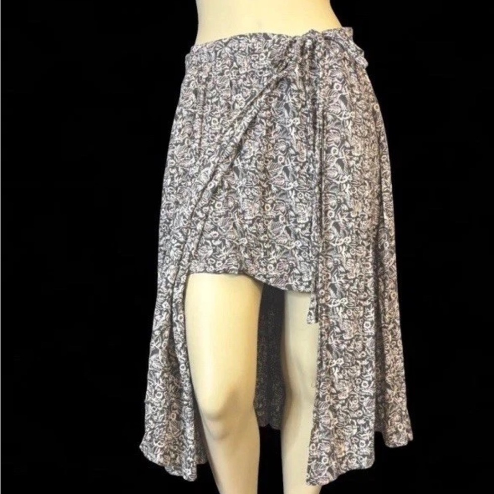 Free People “Love Train” Black Multi Abstract Floral Asymmetric Wrap Skirt Sz 12